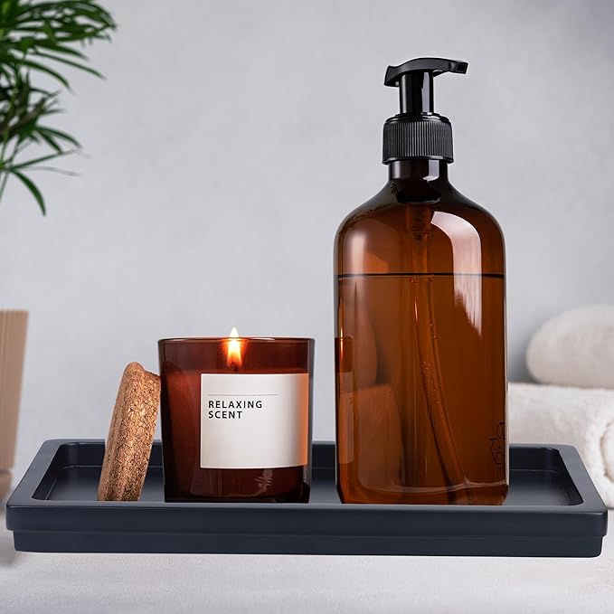 Acacia Wood Decorative Vanity Tray - 11.8 x 5.9 inches Suitable for Countertop Bathroom Sink Dresser Toilet Tank - Modern Decor Tray for Keys Wallets Towels Perfumes Plant Pots (Black)