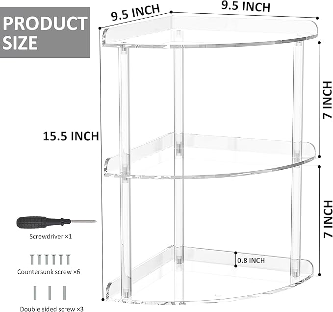 3 Tier Acrylic Corner Shelf Organizer Storage 9.5x9.5x15.7 Inch, Transparent Countertop Corner Shelf for Bathroom, Kitchen, Bedroom, Office, Study Room