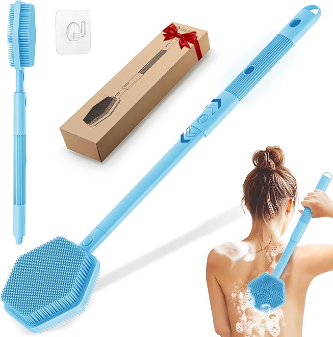 Silicone Back Scrubber for Shower, 16''-21''Extendable Shower Back Scrubber with Dual-Side Large Brush Head, 3-Length Back Brush Bath Brush with Strong Handle & Rich Foaming Bristles(Blue)