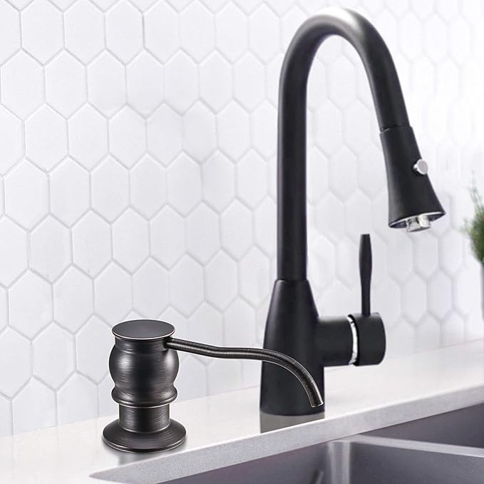 Samodra Kitchen Sink Soap/Lotion Dispenser, Brass Pump Head Oil Rubbed Bronze 12 OZ Bottle Built in Design Refill from The Top for Granite Thick Deck Installs