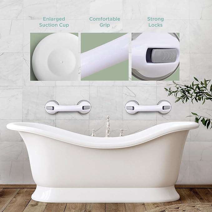 Grab Bars for Bathtubs and Showers, Heavy Duty Shower Handle 2 Pack 12 Inch for Elderly Assistance Products Seniors Suction Cup Removable Handrails Handicap Bath Grip Bathroom Safety Grips No Drilling