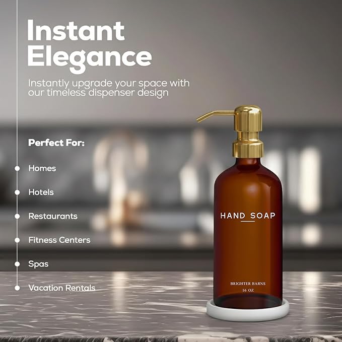Luxury Glass Hand Soap Dispenser Bathroom Set by Brighter Barns - Refillable Liquid Hand Soap Dispenser Set for Kitchen - Gold Bathroom Decor and Accessories for Airbnb, Spa, Hotel, Gifts (Amber/Gold)