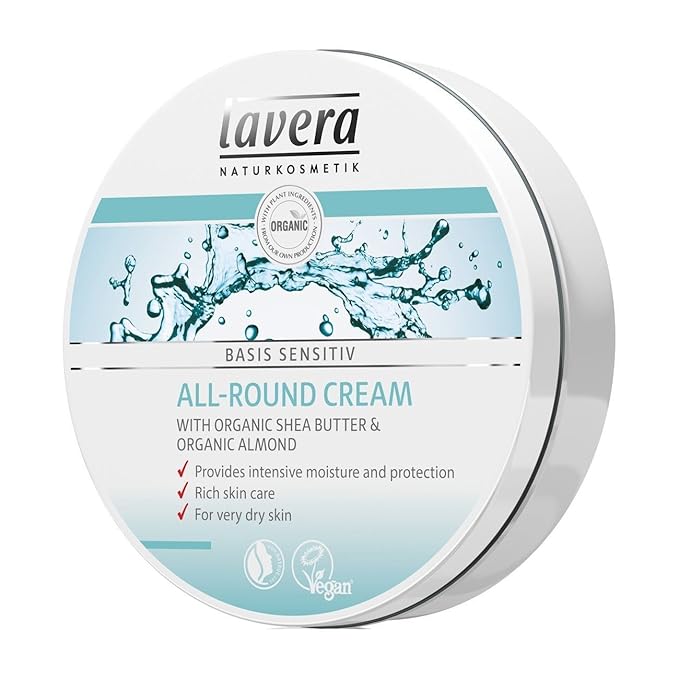 lavera Basis Sensitive All Purpose Cream - Body Cream with Aloe Vera & Almond Oil - Intensive Care for Dry Skin - Moisturizing Face Cream - PETA Certified - Vegan - Made in Germany - 5.1 Fl Oz