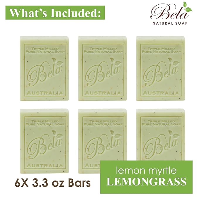 BELA Lemon Myrtle and Lemongrass Soap Bars 3.3 OZ French Triple Milled Bar Soap with Organic Shea Butter Suitable for All Skin Types Long Lasting, Made in Australia, 6 Pack