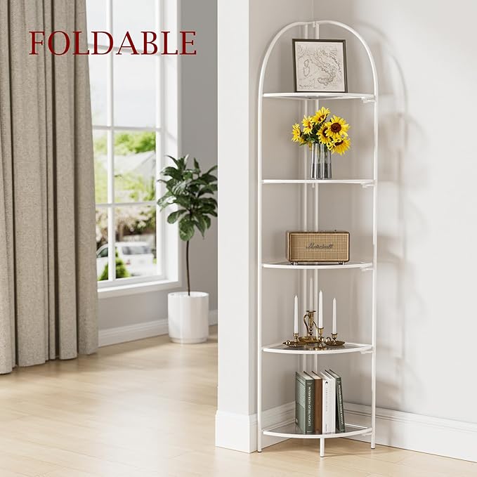 Crofy Foldable 5 Tier Corner Shelf, Metal Corner Plant Stand with White Frame and Transparent Shelves, Corner Display Rack Multipurpose Shelving Unit for Living Room, Bedroom, Bathroom