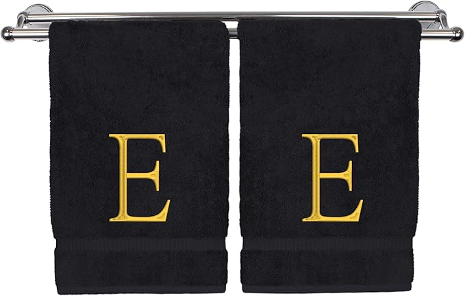 Monogrammed Hand Towel, Personalized Initial Gift, Extra Absorbent 100% Turkish Cotton - Soft Terry Finish - Set of 2 - Gold Block Initial E - Embroidered on Black Towels