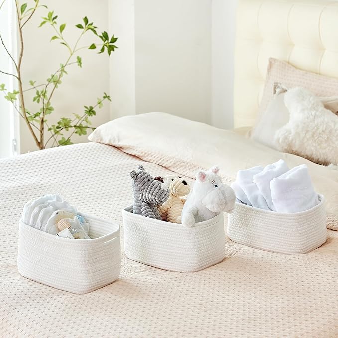 Small Cotton Rope Basket – Storage Bin for Organizing (10.6" x 6.7" x 6.7"), Bathroom Storage Basket for Shelf, Counter & Closet（White）