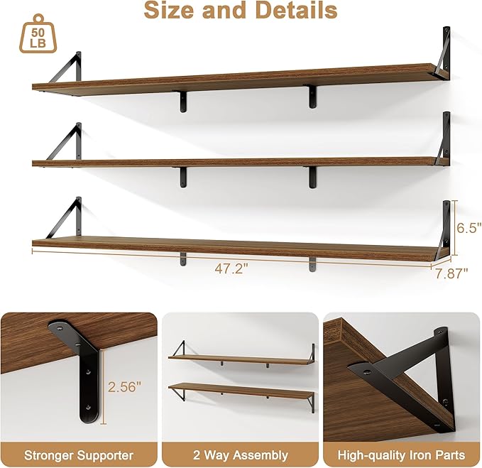 Fun Memories Extra Long Floating Wall Shelves, 48 x 8 Inches, Set of 3 Large Wood Floating Bookshelves with Metal Brackets for Storage & Display (Walnut)