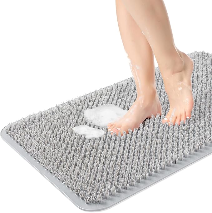 OTHWAY Non Slip Grassy Bathtub Mat : 27.5X15.7 inches Sturdy But Soft Bath Mat_Quick Drain Shower Floor Mat with Soft Bristles for Scrubbing Feet (Light Grey)