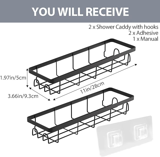 Shower Caddy Organizer with Hooks,Self Adhesive Bathroom Shelves,No Drilling Bathroom Organizers and Storage,Perfect for RV, Apartment, Home Decor,2 Pack Black