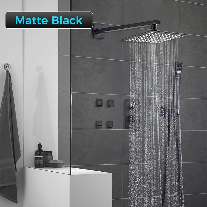 10" Matte Black Rainfall Shower Faucet Set with Rain Shower Head & Handle Set, Wall-Mounted Shower System, Full Metal Trim, Includes Shower Valve Complete Shower Kit