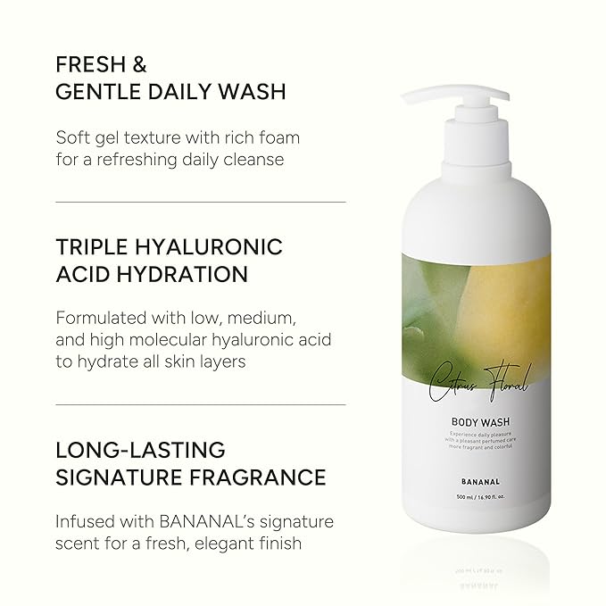 Korean Body Wash with Hyaluronic Acid & Aloe – Hydrating Moisturizing Cleanser for All Skin – Infused with Natural Extracts – Paraben & Silicone-Free – Citrus Floral, 500ml / 16.9 fl oz