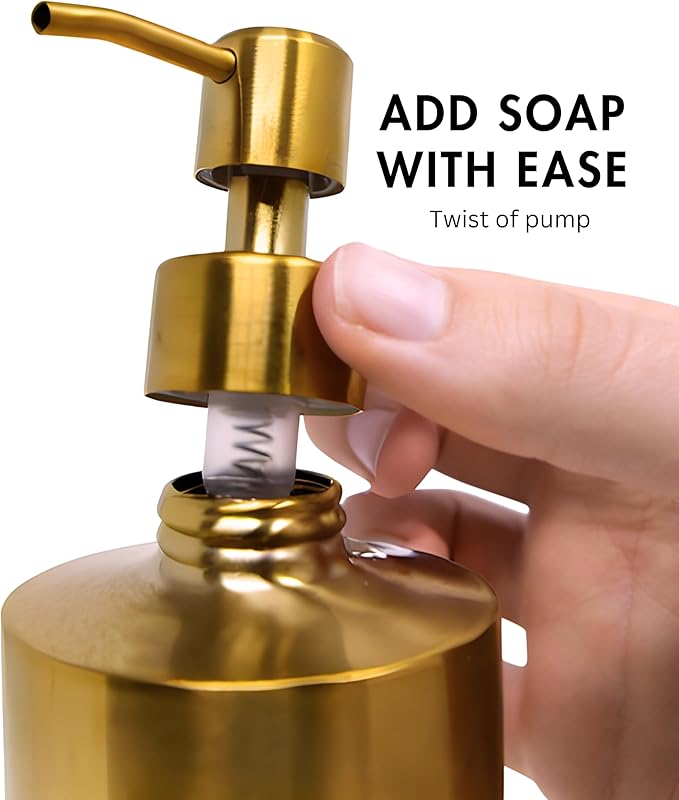 Brass Soap Dispenser for Bathroom (Stainless Steel) and Kitchen - Hand Soap, Detergent, or Lotion Dispenser, 15oz