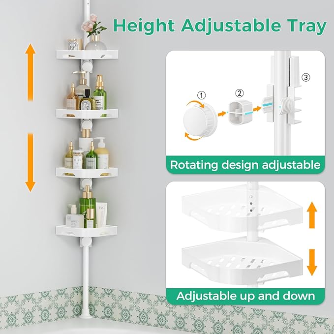4-Tier Corner Shower Caddy Tension Pole Organizer - Adjustable Rustproof Metal Tension Pole, Plastic Shelves with Safety Guardrail, Bathroom Storage for Shower & Bathtub(White)