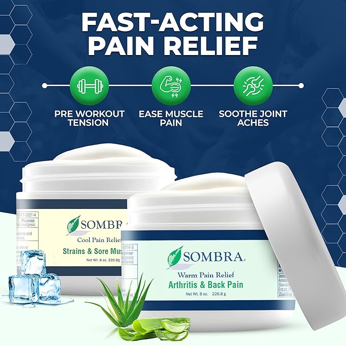Sombra Warm & Cool Pain Relief Gel, Warm Relief for Arthritis and Chronic Pain Pre-Workout Muscle Rub, Cold for Swelling, Soreness, Post-Workout, Free of Artificial Fragrances, 8oz Per Jar