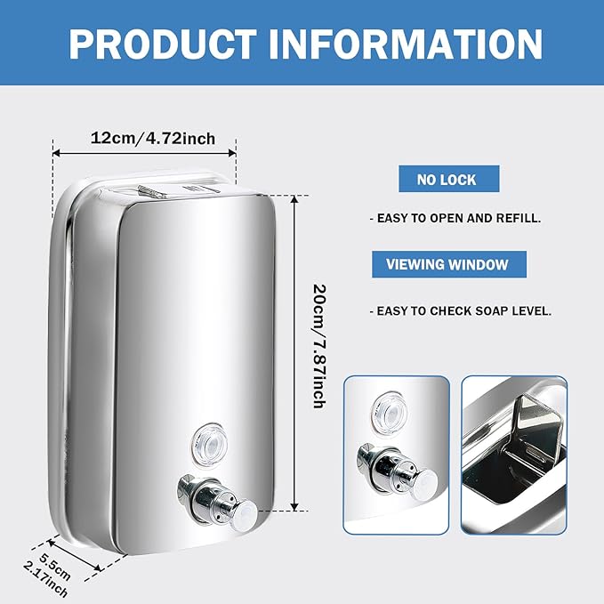 34 oz/1000ml Stainless Steel Commercial Soap Dispenser Wall Mount, Hand Soap Dispenser for Bathroom, Refillable Soap Liquid Dispenser for Bathrooms Kitchen Restaurants Hotel Hospitals