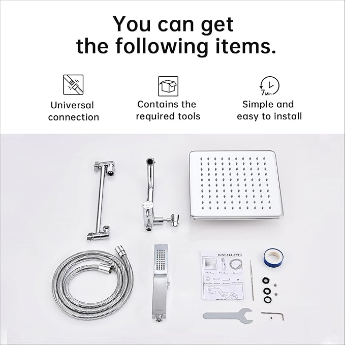 G-Promise All Metal 12 Inches Rain Shower Head with Handheld Built-in Power Wash Mode, 3-way Diverter with Pause Setting, 11 Inches Adjustable Extension Arm with Lock Joint, Long Hose (Chrome)