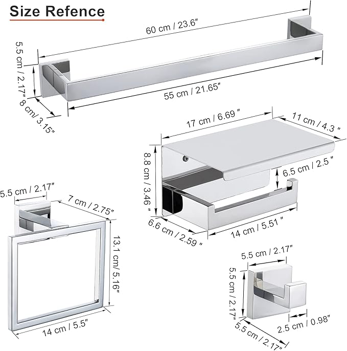 4-Piece Bathroom Hardware Set Chrome Bath Towel Bar Holder Sets Wall Mounted Stainless Steel Square Bathroom Accessory Kit, Polished Chrome 23.6 Inch