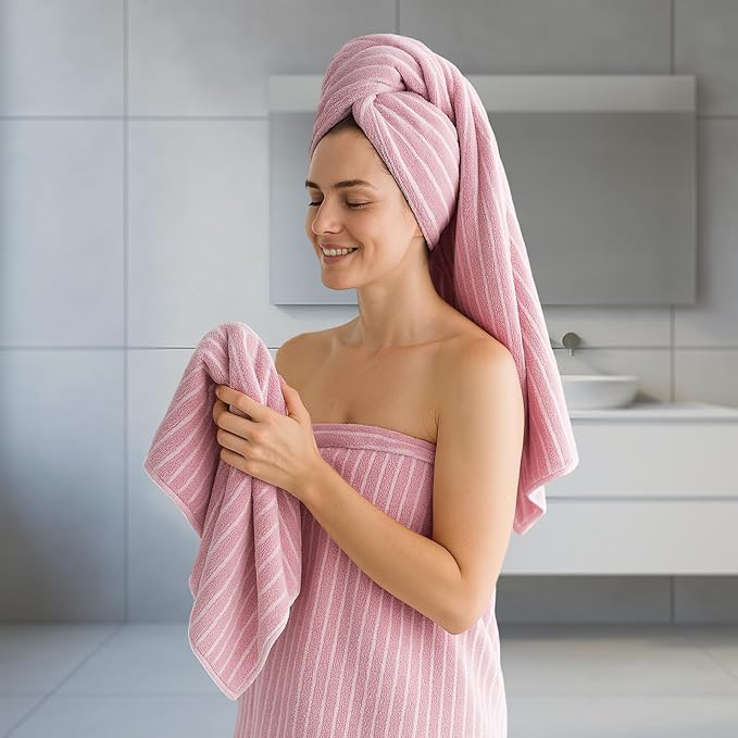 REDKISS Ultra Soft Bath Towels Set of 6 Large 35"x70" | 100% Microfiber, Highly Absorbent & Quick Dry | Pink Towels for Bathroom, Spa, Gym | 2 Bath, 2 Hand, 2 Washcloths