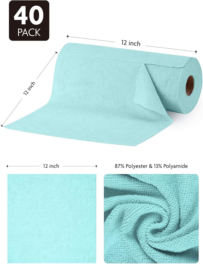 Fantasticlean Microfiber Cleaning Cloth Roll -40 Pack, Tear Away Microfiber Towels, 12" x 12", Reusable, Washable, Scratch Free, Ultra Absorbent Dishcloth for Car, Home Supplies, Pet, Kitchen (Blue)