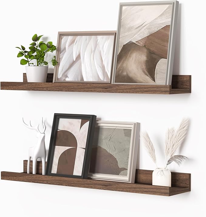 Heimlove Picture Ledge Shelf, Floating Shelves Set of 2, 24 Inches Picture Shelf for Wall with Ledge, Kids Bookshelf Wall Mounted for Living Room Bedroom Decor Books Photo Frames - Walnut