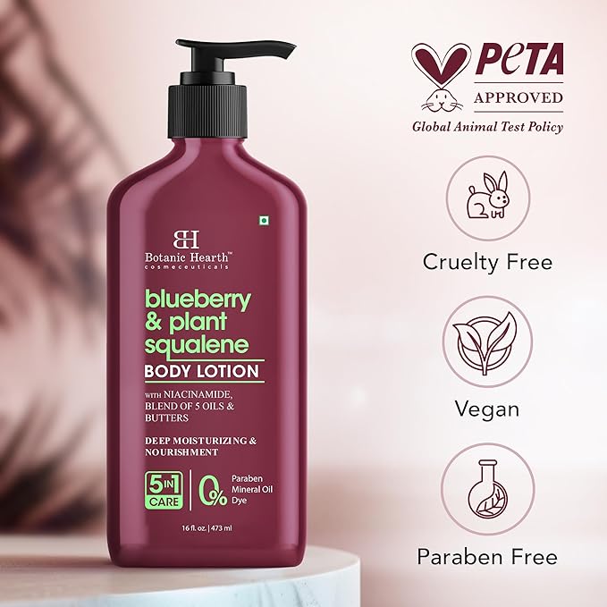 Botanic Hearth Blueberry & Plant Squalene Body Lotion | with 5 Oil Blend & Butters, Deep Moisturizing & Nourishment, 5-in-1 Care, No Parabens or Mineral Oil, 16 fl oz / 473 ml