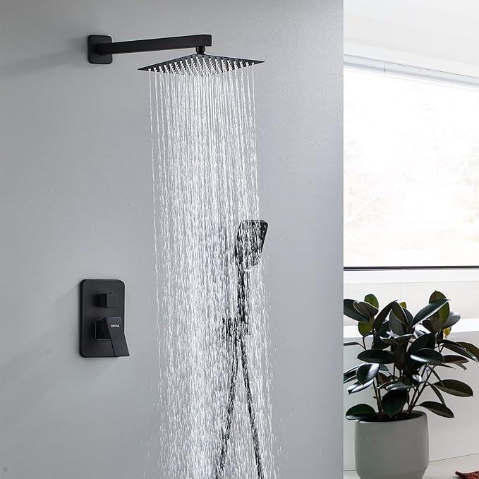8 Inch Shower System with Tub Spout, Black Shower Faucet Set for Bathroom, Square High Pressure Shower Head, 2-Setting Handheld Faucets Sets, Wall Mounted Rainfall Shower Valve Kit