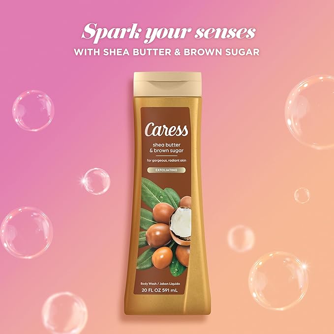 Caress Body Wash, Shea Butter & Brown Sugar, Moisturizing Body Wash for Gorgeous, Radiant Skin, Exfoliating Body Soap Liquid, 20 Fl Oz (Pack of 2)