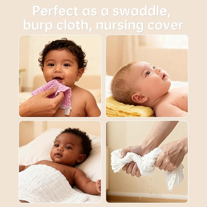 Organic Muslin Baby Washcloths 6 Pack Baby Bath Face Towel 12x12 Inch Extra Absorbent and Soft Burp Cloth and Wash Cloths for Newborn-Infants On Sensitive Skin (White Yellow Pink)