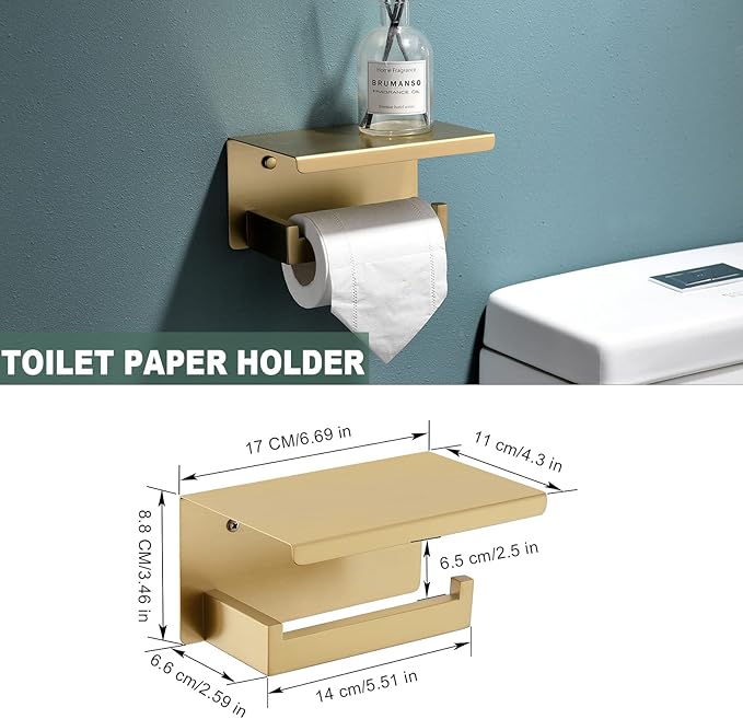 Brushed Gold Bathroom Towel Bar Holder Sets Premium Stainless Steel 4-Piece Bathroom Hardware Set Wall Mounted Bathroom Toilet Paper Holder with Shelf Set.