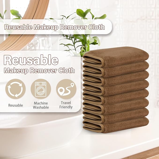 Nugilla Makeup Remover Cloths, 8 Packs Makeup Remover Towels Reusable Face Wash Cloth, Soft Microfiber Face Cloth for Women(Light Brown)