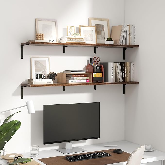 Fun Memories Deep Floating Shelves, 48W x 8D Floating Shelves Set of 2, Wall Mounted Shelf with Metal Brackets, Rustic Wood Wall Shelf for Bathroom, Kitchen and Living Room, Rustic Brown