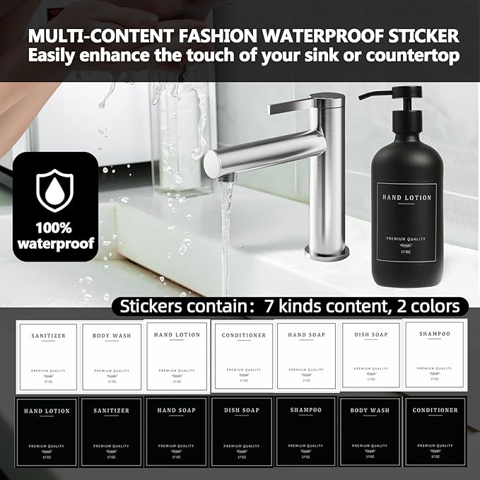 Black Soap Dispenser - Kitchen Hand Dish Soap Dispenser, Glass Bathroom Soap Lotion Dispenser with Tray, Dishwashing Liquid Dispenser, 14 Stickers, Black Bottle/Black Pump-pd