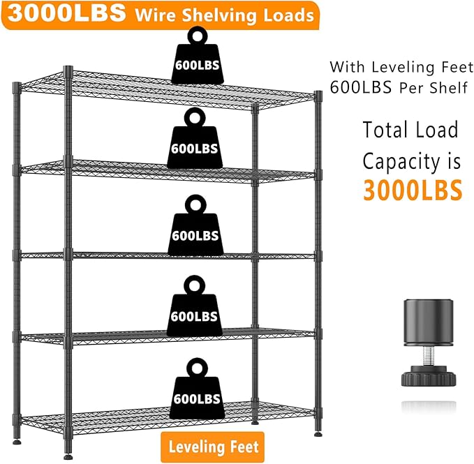 Himimi 82" H Storage Shelves 5 Tier Metal Shelving Adjustable Wire Shelf with Wheels, Heavy Duty Shelving for Garage Kitchen Pantry Bathroom Laundry,18" D*48" W*82" H, Black