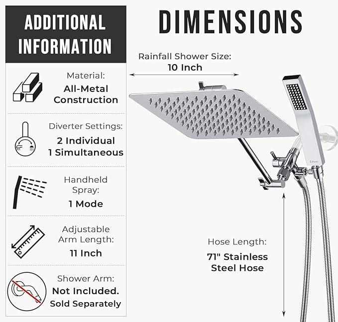 G-Promise All Metal 10" Dual Square Shower Head Combo | Rain Shower Head | Handheld Shower Wand | Adjustable | Smooth 3-Way Diverter | 71" Extra Long Hose - A Bathroom Upgrade (Chrome)
