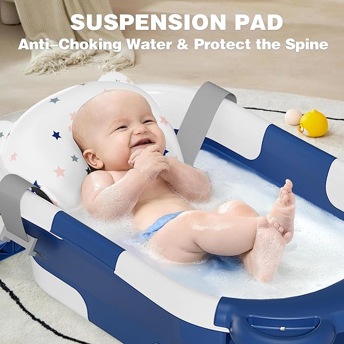 MoreFeel Collapsible Baby Bathtub for Newborn with Thermometer & 1 Soft Floating Cushion & 1 Bath Net,Portable Travel Bathtub with Drain Hole, Durable Foldable Baby Tubs for Infants to Toddler