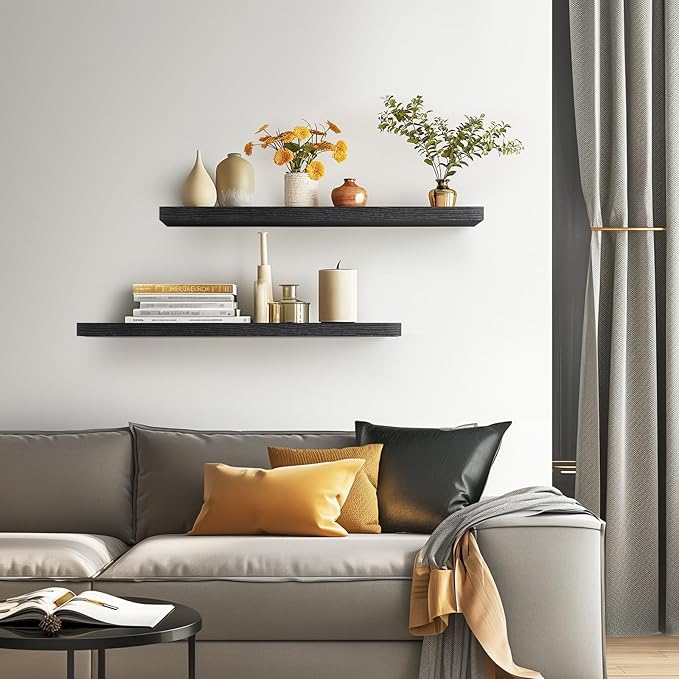 BAYKA Floating Shelves for Wall, 36 inches Long Wall Mounted Rustic Wood Shelves for Bathroom, Bedroom, Living Room, Kitchen, Office, Hanging Shelf for Books/Storage/Decor(Black,Set of 2)