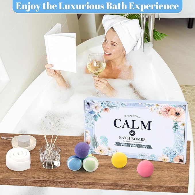 TranquilBliss Bath Bombs Set 50 PCS with 10 Rich Scents, Bath Bombs for Women, Natural Bubble Bombs with Shea Butter & Safe Oil, Ideal for Christmas, Birthday, Valentine's Day Mother's Day Present
