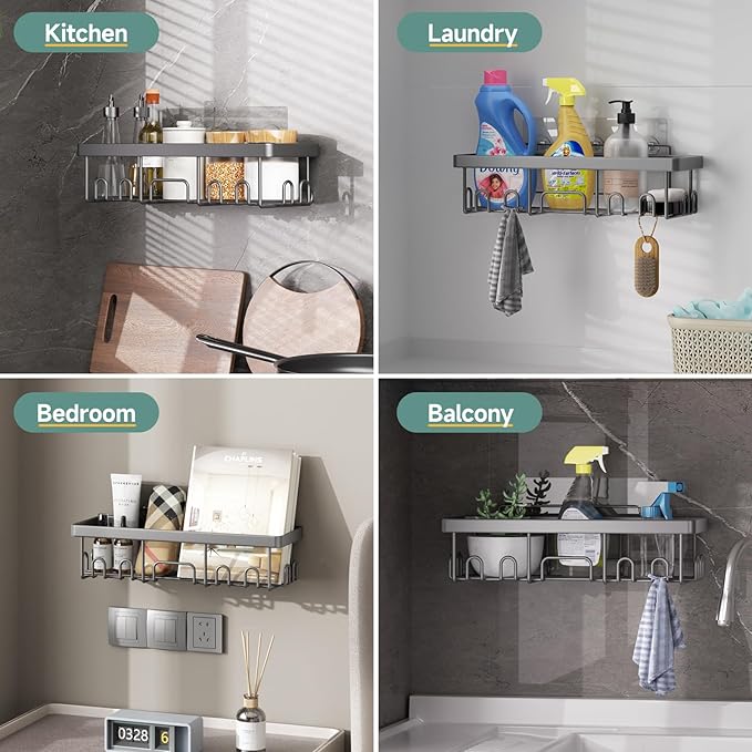 Veken Adhesive Shower Caddy 5-Pack,Heavy Weight Bearing,Large Wall Mounted Shower Shelves Rack,Organizer Storage Accessories with Soap Dish&Toothbrush Holder,Ideal for Bathroom,Home&Kitchen,Light Grey