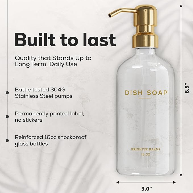 Luxury Glass Soap Dispenser Set by Brighter Barns - Hand and Dish Soap Dispenser for Kitchen Sink - Refillable Glass Bottles with Stainless Steel Pumps - Modern Gold Kitchen Decor & Accessories (Gold)