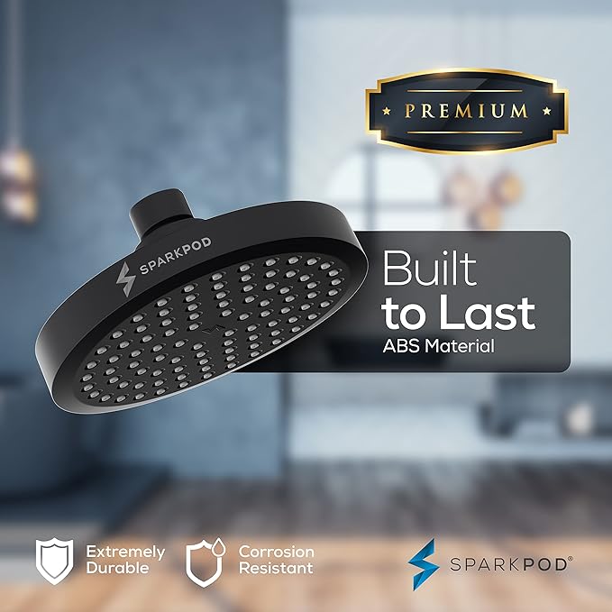 SparkPod Round Rain Shower Head with Extension Arm - Height Adjustable Shower Head with High Pressure Performance - Easy 1-Minute Installation (11" Arm Extension, Midnight Black Matte)