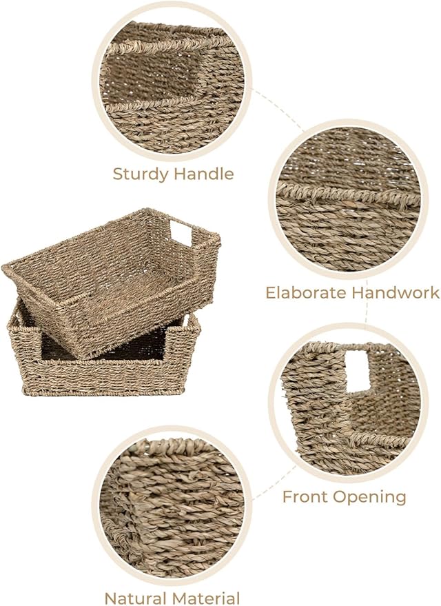StorageWorks Wicker Storage Basket for Pantry Organizers and Storage, Stackable Seagrass Pantry Baskets for Shelves, 2-Pack