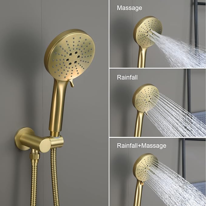 Iriber Shower System Wall Mounted Shower Faucet Mixer Set with Luxury High Pressure Shower head and 3-Setting Handheld, Bathroom Shower Trim Kit Contain Pressure Balance Valve,Brushed Gold