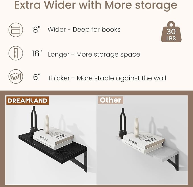 Dreamland Deep Floating Shelves for Wall, 16W x 8D Wall Mounted Shelves Set of 2, Floating Shelves Bedroom with Sturdy Metal Brackets for Living Room, Bathroom and Kitchen, Black