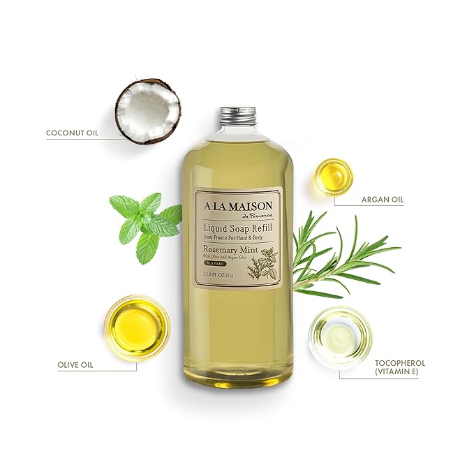 A LA MAISON French Liquid Hand Soap Refill, Rosemary Mint - Natural Hand Wash Made with Essential Oils - Biodegradable, Plant-Based, Vegan, Cruelty-Free, Alcohol & Paraben Free (33.8 oz, 2 Pack)