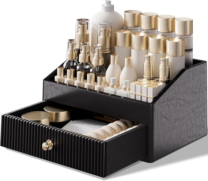 Vanity Organizer,Leather Skin Organizers with 1 Drawer&Tray,Large Capacity Black Vanity Organizers and Storage for Lipstick,Bedroom,Bathroom,Mothers Day Gifts,Gift for Women