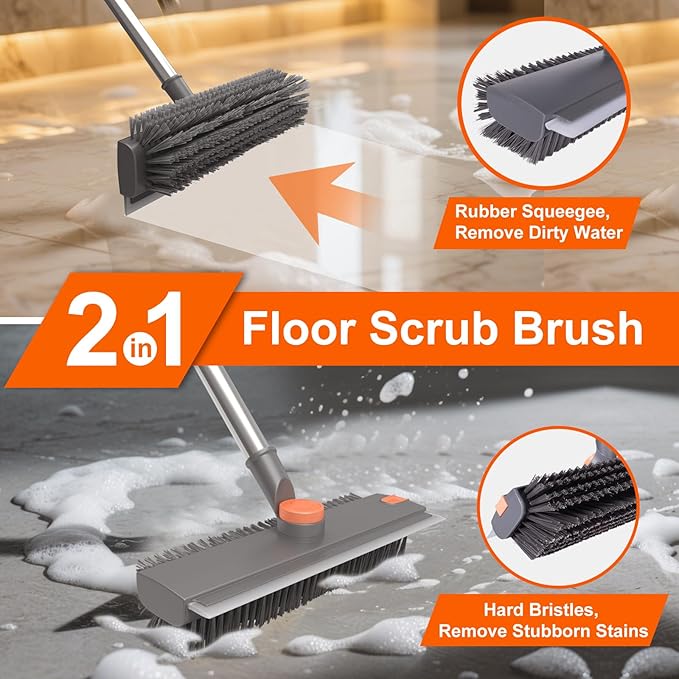 Floor Scrub Brush with Long Handle, BITOPE 3 in 1 Stiff Bristles Deck Brush 360° Rotating Floor Scrubber with Squeegee, Tweezer for Clean Patio, Deck, Tile, Concrete, Balcony Outdoor