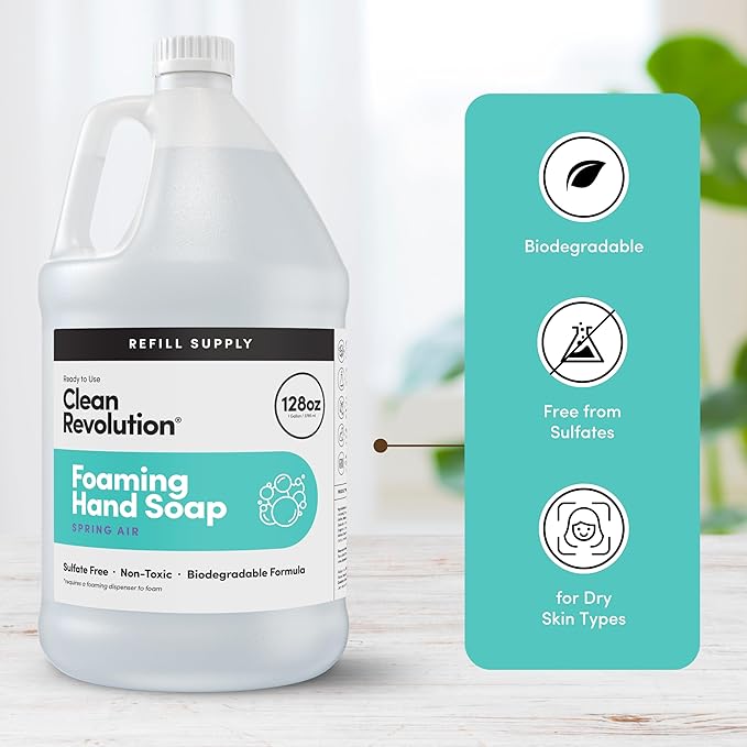 Clean Revolution Foaming Hand Soap Refill Supply Container, Ready to Use Formula, Gluten Free, Spring Air Fragrance, 128 Fl. Oz, 4 Pack
