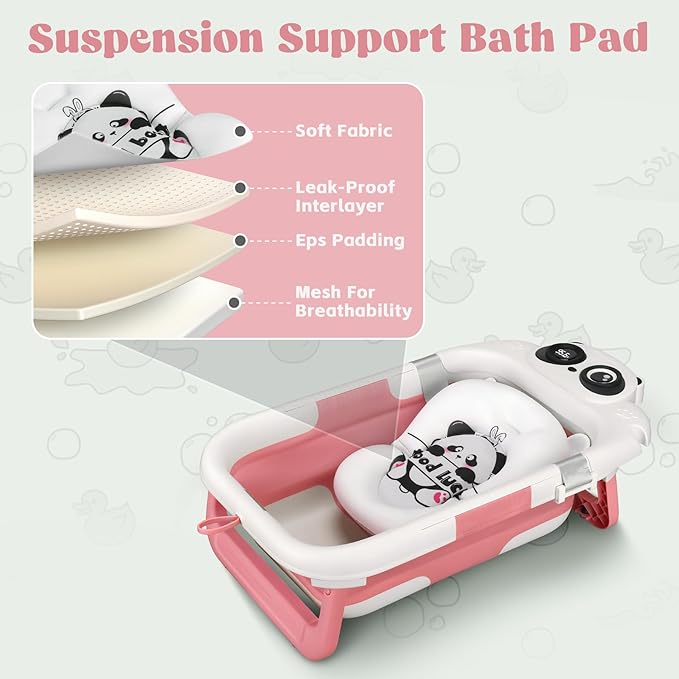Foldable Baby Bathtub, Lightweight Bathtub for Infants to Toddlers with Soft Cushion & Thermometer, Portable Baby Tub Newborn to Toddler 0-24 Months(Pink)