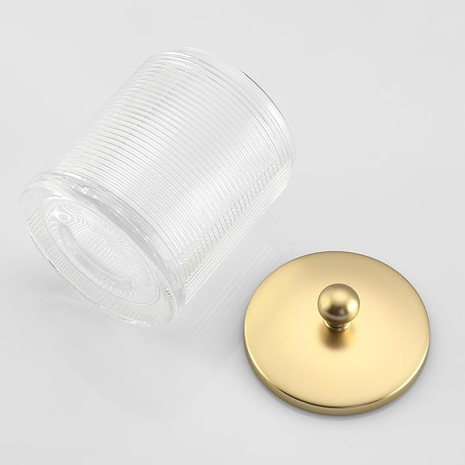 Clear Transparent Apothecary Ribbed Geometric Etched Glass Jar W/Gold Lid Cover for Bathroom Organization, Cotton Balls, Q Tips, and Small Accessories, Bathroom Storage
